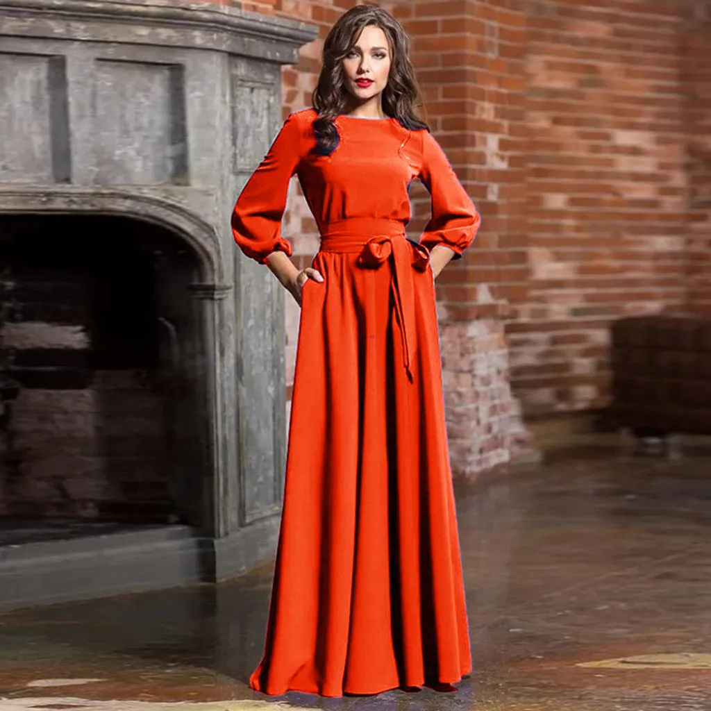 For Women 2024 Long Sleeve Crew Neck Solid Color Lantern Sleeve With Belt Formal Elegant Prom Dress - Image 2