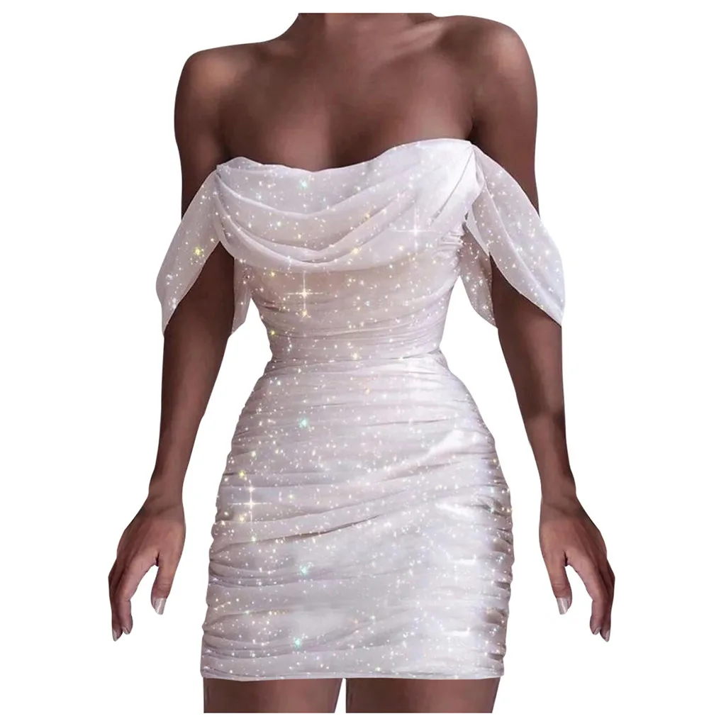 Fall For Women 2024 Sexy Off Shoulder Ruched Glitter Sparkly Sequin Straight Bodycon Slim White Prom Dress - Image 6