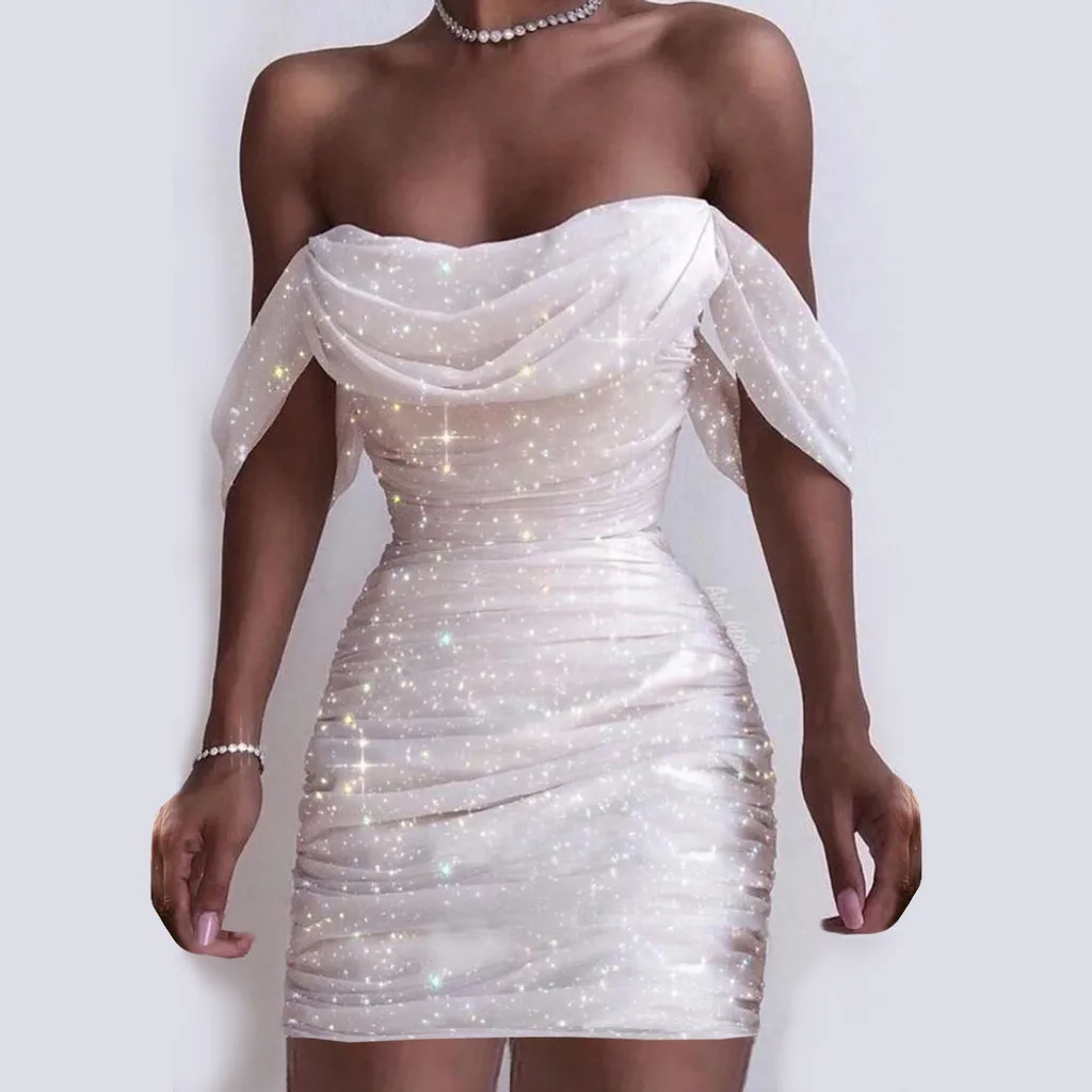 Fall For Women 2024 Sexy Off Shoulder Ruched Glitter Sparkly Sequin Straight Bodycon Slim White Prom Dress - Image 8