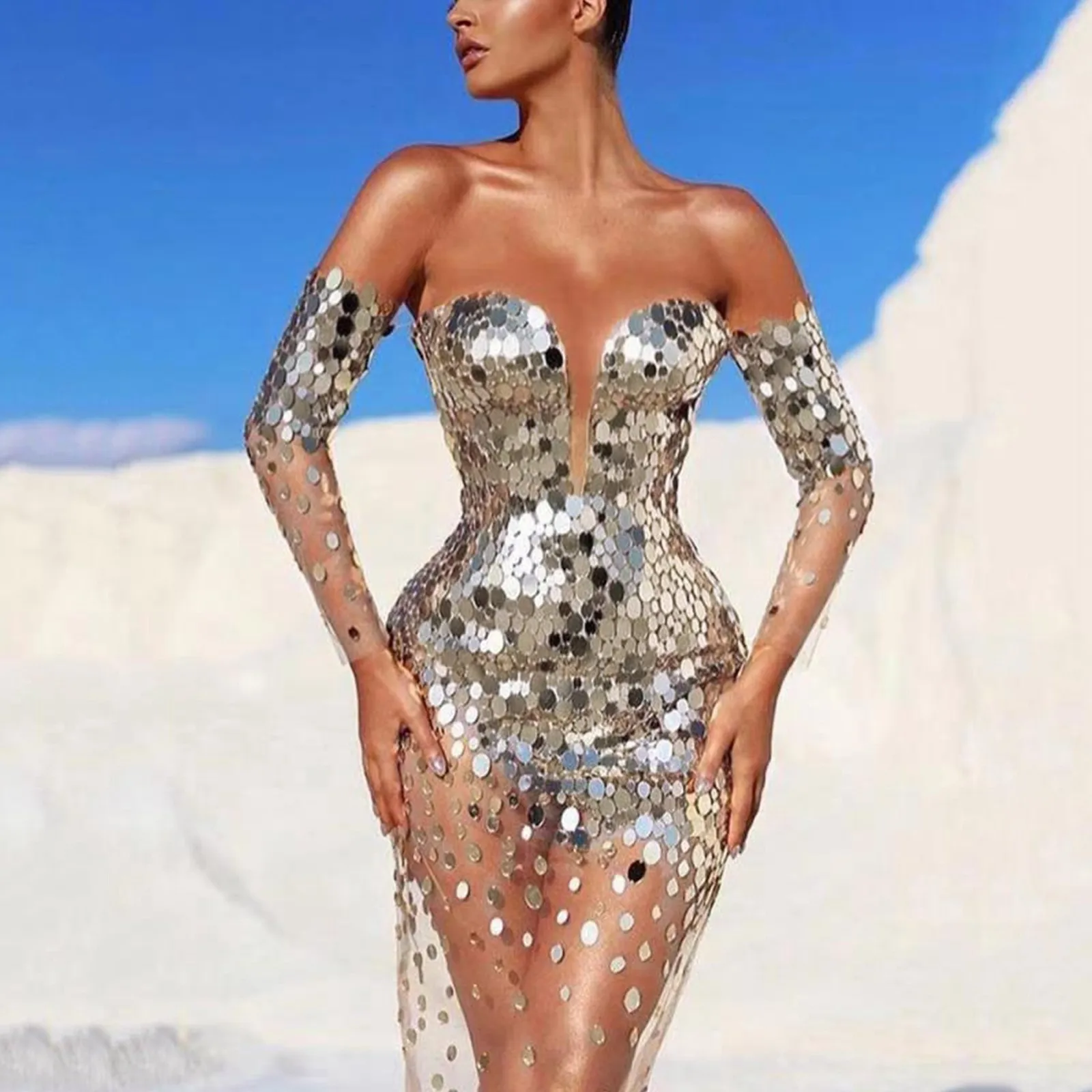 Elegant Party For Women 2024 Sexy Mesh See Through Deep V Neck Evening Prom Dress - Image 2