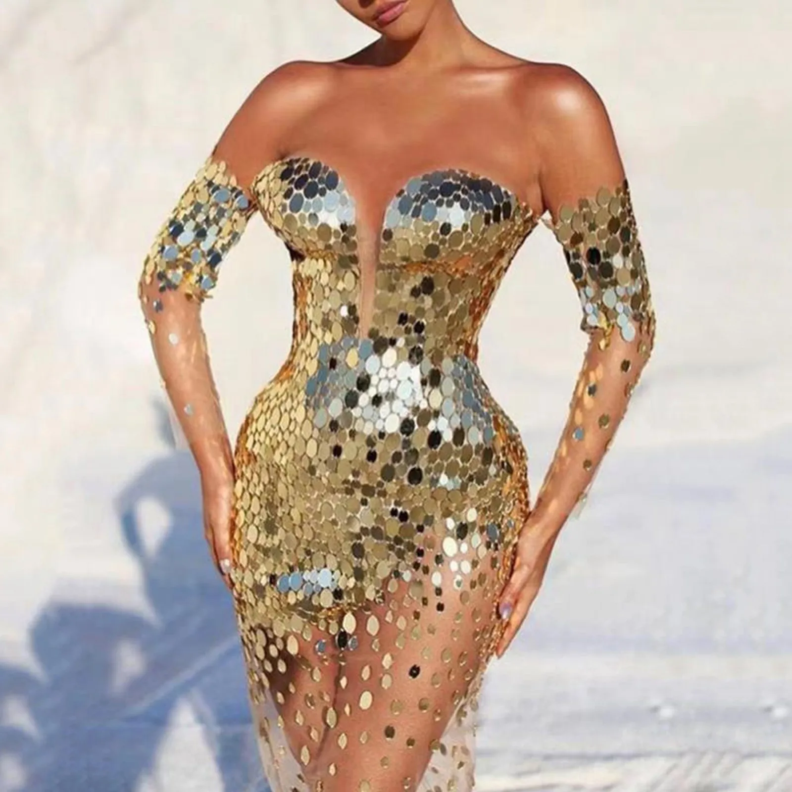 Elegant Party For Women 2024 Sexy Mesh See Through Deep V Neck Evening Prom Dress - Image 3