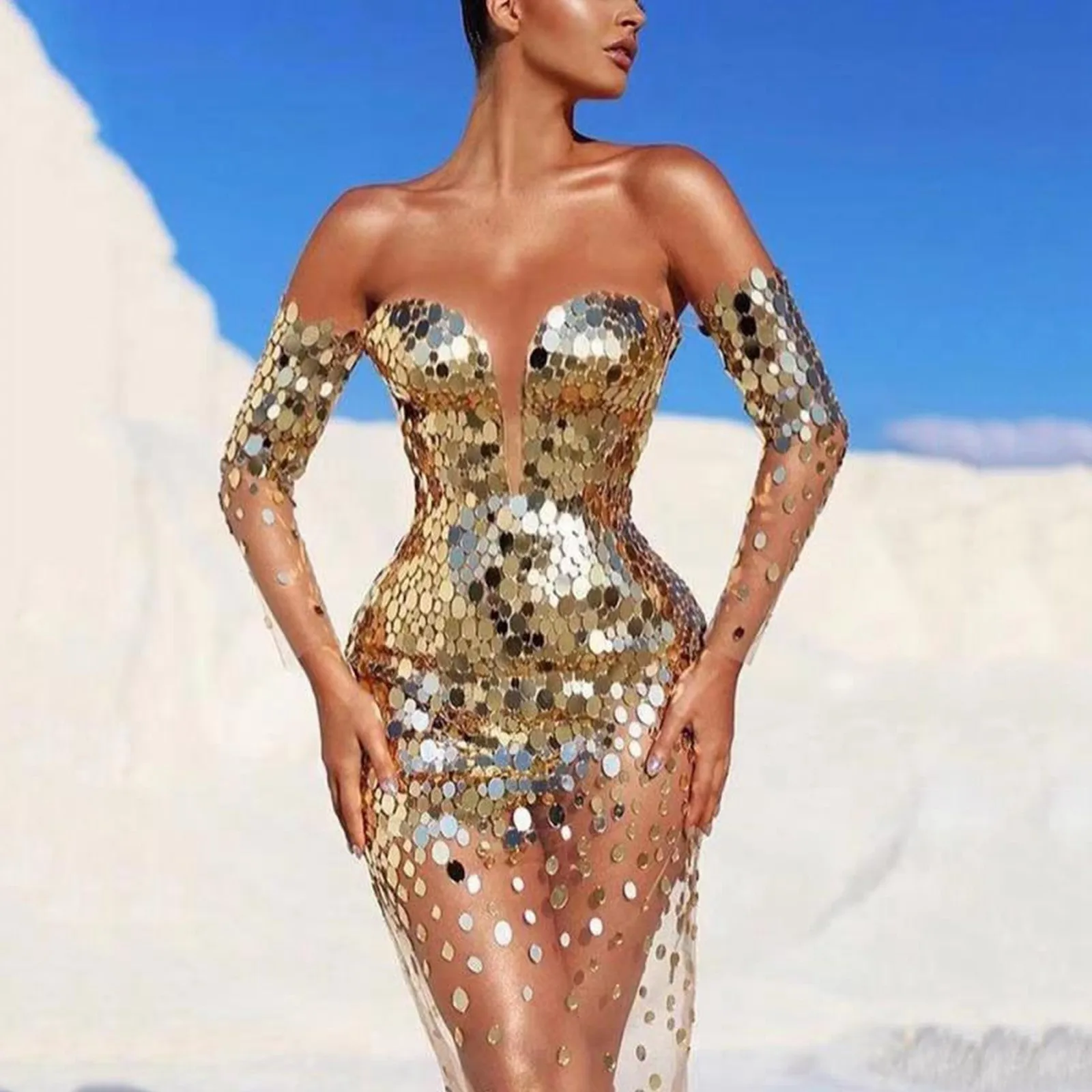 Elegant Party For Women 2024 Sexy Mesh See Through Deep V Neck Evening Prom Dress - Image 5