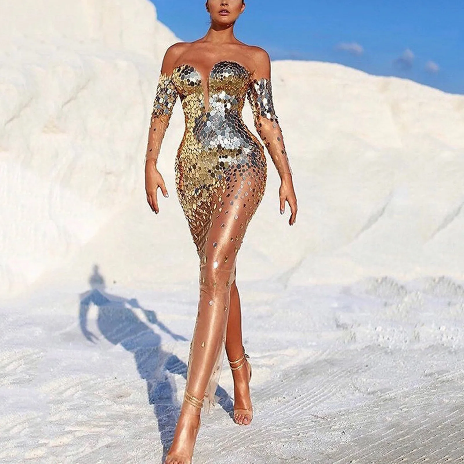Elegant Party For Women 2024 Sexy Mesh See Through Deep V Neck Evening Prom Dress - Image 9