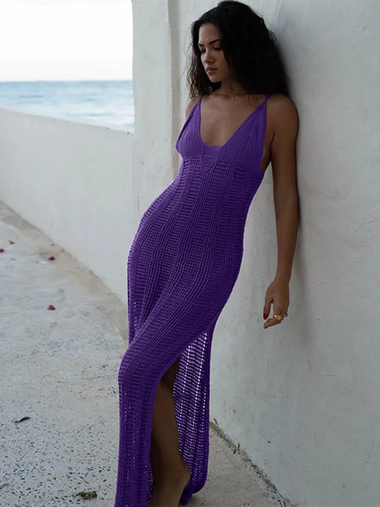 Summer Beach Crochet Maxi Hollow Out Cover-Ups Bodycon V Neck Knitted Long Club Party Streetwear Dress - Image 12