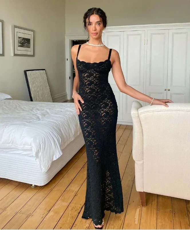 Elegant Lace Summer Maxi Sexy Spaghetti Straps Sleeveless See Through Party Evening Outfits Dress - Image 18