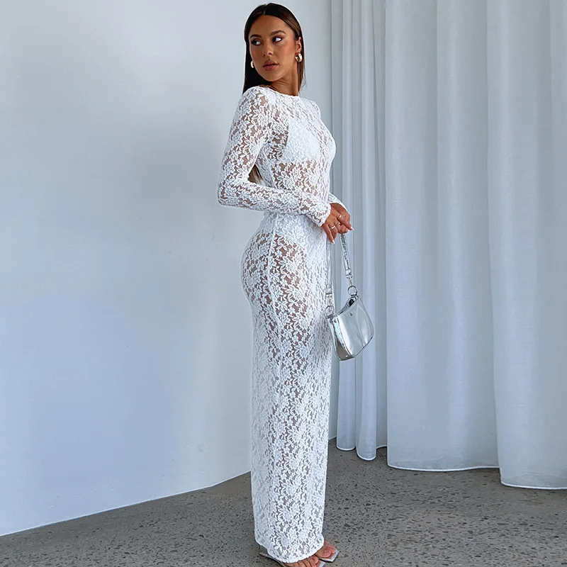 White Black Floral Lace See Through Maxi Autumn Elegant Sexy Party Photoshoot Long Sleeve Lace Dress - Image 6