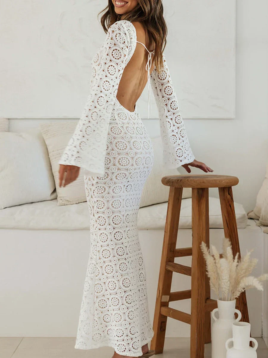 Women Knit Long Elegant Flower Jacquard Backless Maxi Hollow Out Crochet Holiday Beach Lace Dress - Image 15