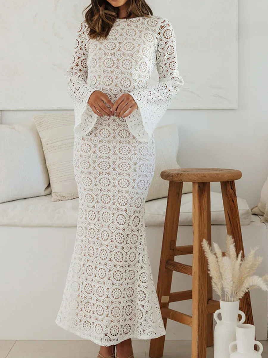 Women Knit Long Elegant Flower Jacquard Backless Maxi Hollow Out Crochet Holiday Beach Lace Dress - Image 6