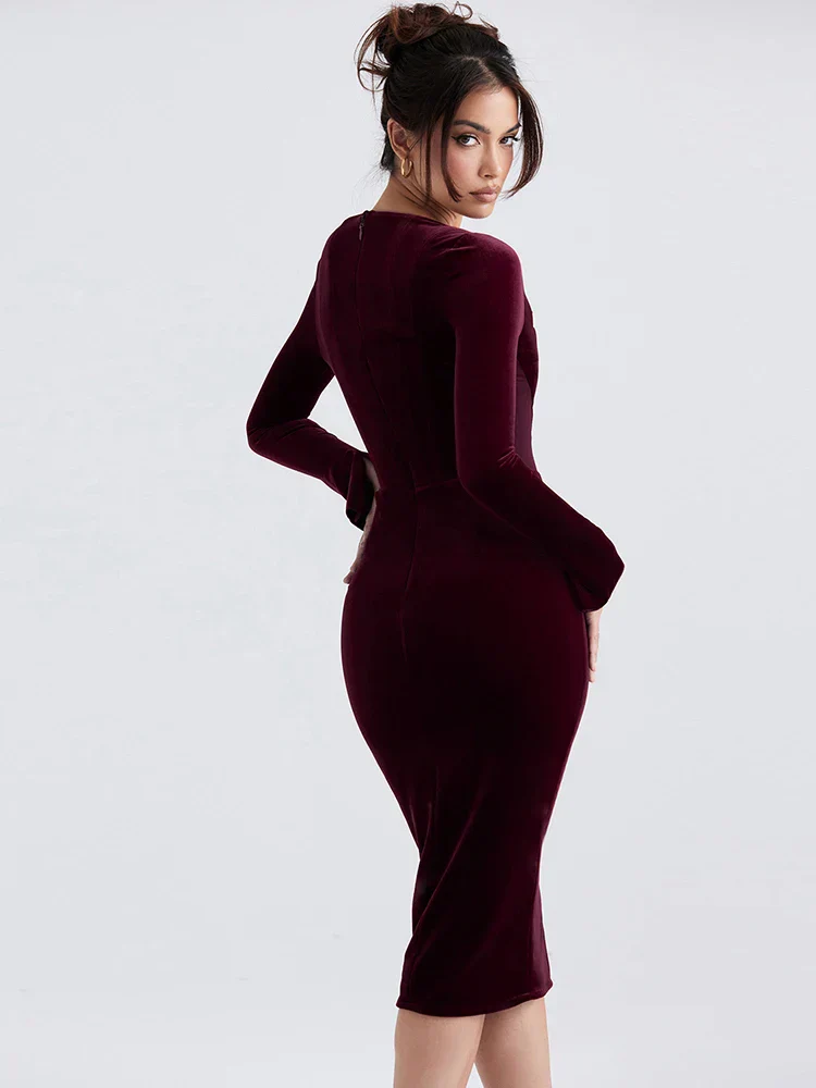 Clearance Celebrity Christmas Evening Party Red Midi Chic and Elegant Long Sleeve Corset Fall Winter Lace Dress - Image 4