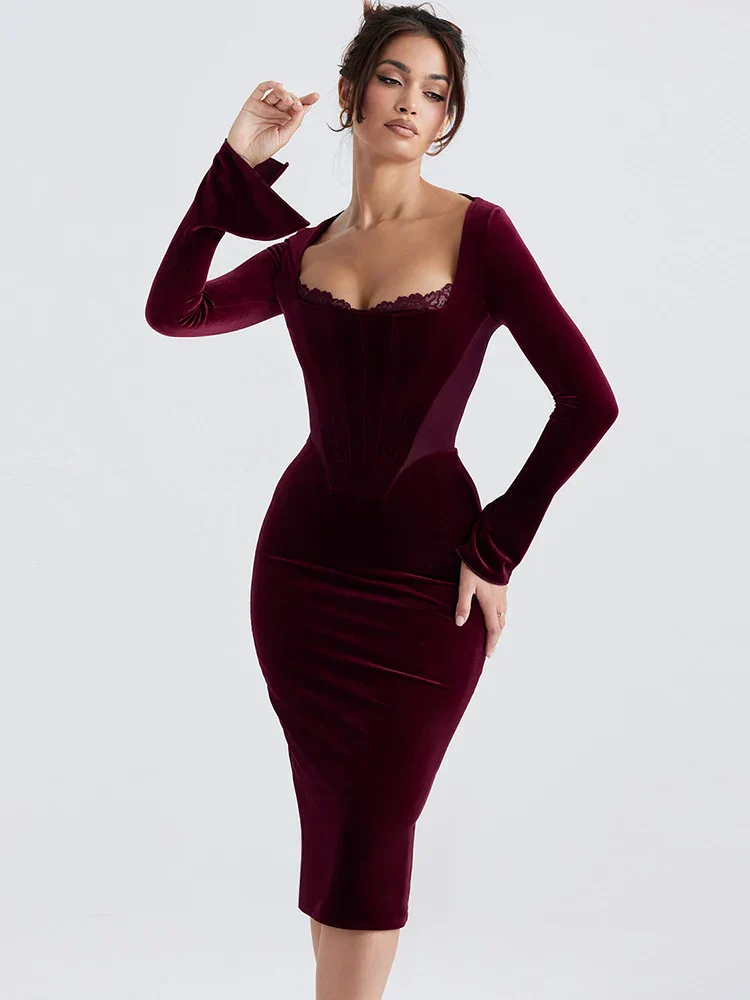 Clearance Celebrity Christmas Evening Party Red Midi Chic and Elegant Long Sleeve Corset Fall Winter Lace Dress - Image 7