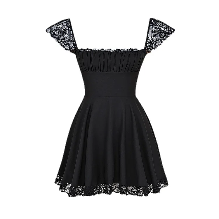 Summer Lace Patchwork Square Neck Mini Casual A Line Birthday Black Lace Up Women's Clothing Dress - Image 9