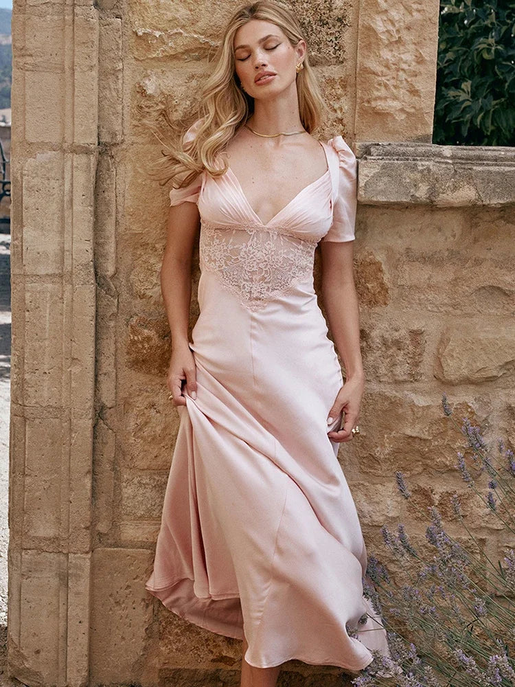 Autumn Long Elegant Pink Maxi V Neck Formal Occasion Puff Sleeve Lace Dress - Image 11