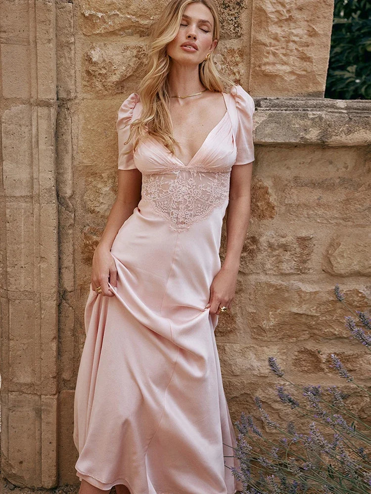 Autumn Long Elegant Pink Maxi V Neck Formal Occasion Puff Sleeve Lace Dress - Image 8
