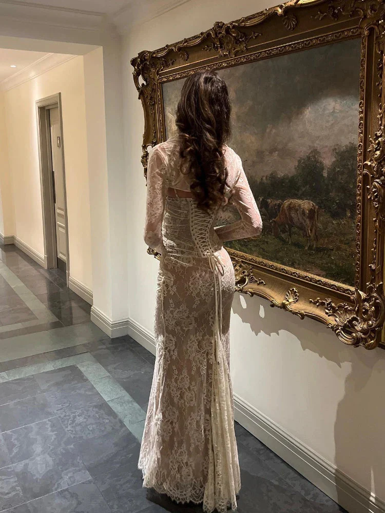 Maxi Women Clothing 2024 Lace Up White Wedding Events Elegant Lace Detachable Cape Party Dress - Image 12