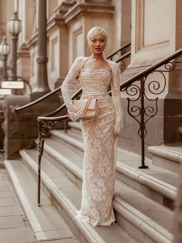Maxi Women Clothing 2024 Lace Up White Wedding Events Elegant Lace Detachable Cape Party Dress - Image 14