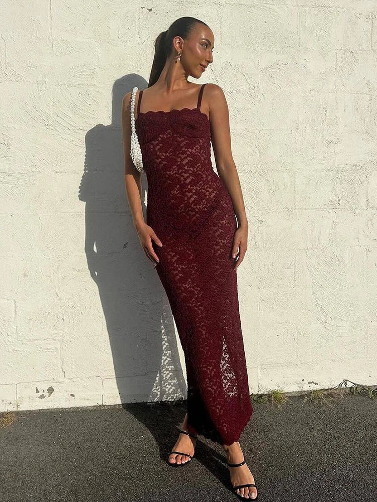 Elegant Lace Summer Maxi for Women 2024 Sexy Spaghetti Straps Sleeveless See Through Party Evening Outfits Dress - Image 12