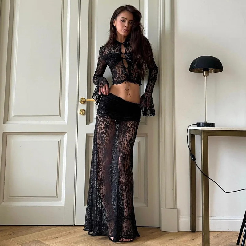 Elegant Sheer Lace Skirts Two Piece Sets Women Sexy Lace-up Long Sleeve Tops and High Waist Slim Skirts Suits Party Sets Dress - Image 17