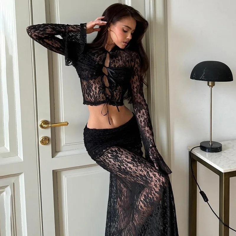 Elegant Sheer Lace Skirts Two Piece Sets Women Sexy Lace-up Long Sleeve Tops and High Waist Slim Skirts Suits Party Sets Dress - Image 3