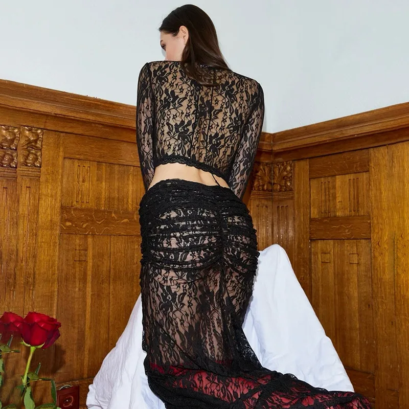 Elegant Sheer Lace Skirts Two Piece Sets Women Sexy Lace-up Long Sleeve Tops and High Waist Slim Skirts Suits Party Sets Dress - Image 9
