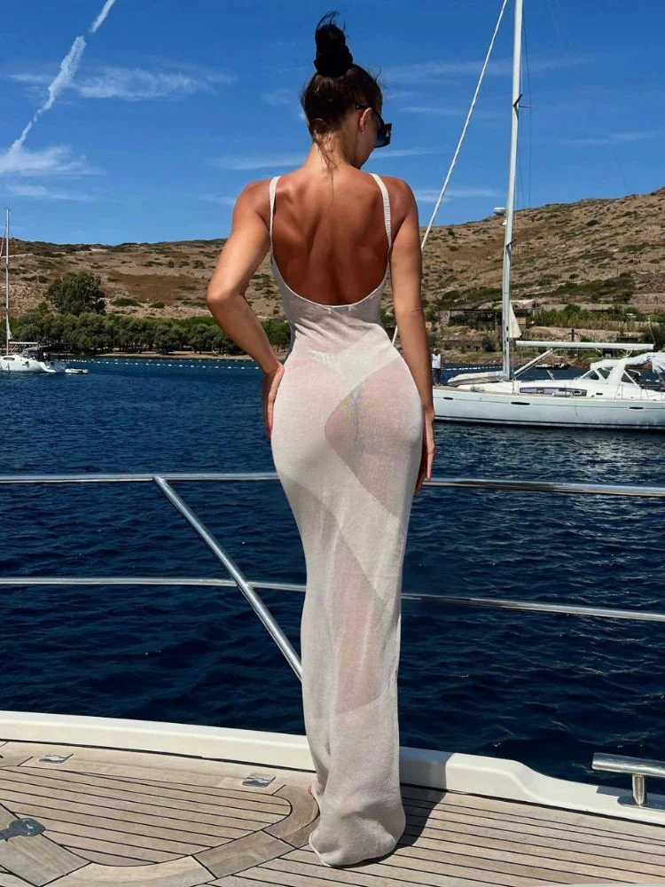 Summer Knit Backless See Through Sexy Sleeveless Bodycon Beach Party Cover Up Maxi Dress - Image 21
