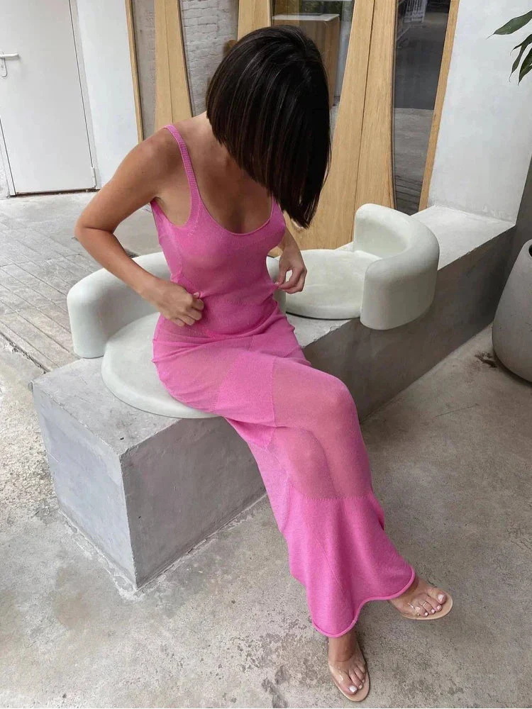 Summer Knit Backless See Through Sexy Sleeveless Bodycon Beach Party Cover Up Maxi Dress - Image 5