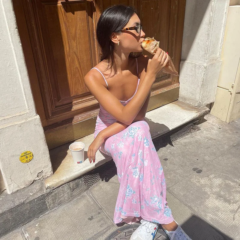 Summer Printed Beach Elegant Sexy Spaghetti Straps V-neck Bodycon Long Evening Club Maxi Dress - Image 5