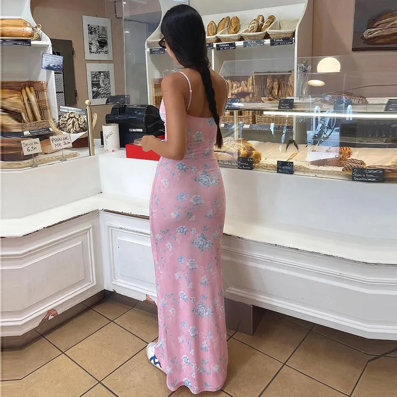 Summer Printed Beach Elegant Sexy Spaghetti Straps V-neck Bodycon Long Evening Club Maxi Dress - Image 7