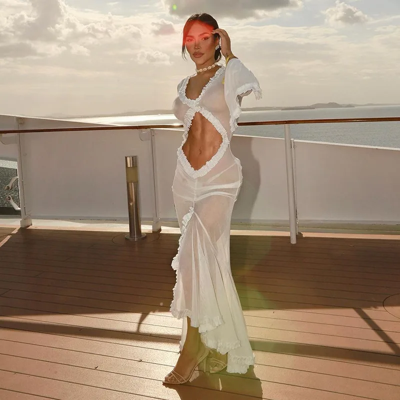 Elegant Yellow See Through Ruched Summer Long Sleeve Maxi Dress - Image 15