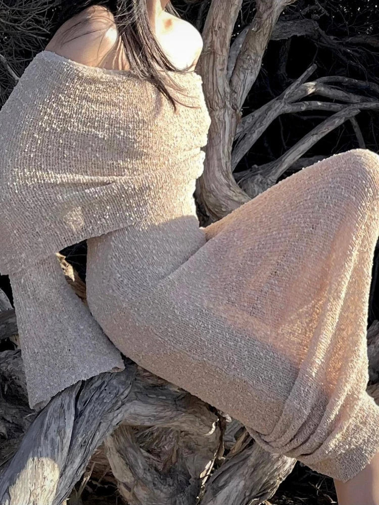 Stylish Knitted Sheer Beach Hollow Out Off-Shoulder Elegant Long Sleeve Maxi Dress - Image 2