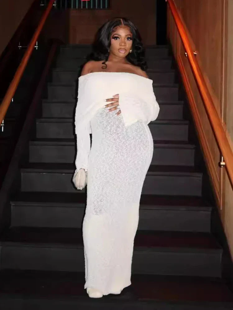 Stylish Knitted Sheer Beach Hollow Out Off-Shoulder Elegant Long Sleeve Maxi Dress - Image 6