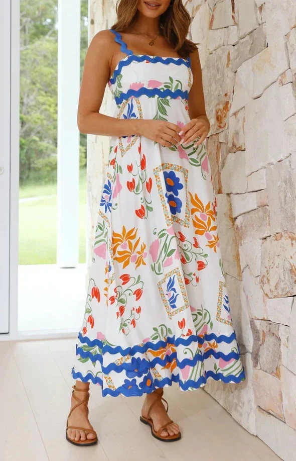 Holiday Digital Printed Long Women Fashion Summer Elegant A- Line Vintage Sling Maxi Dress - Image 12