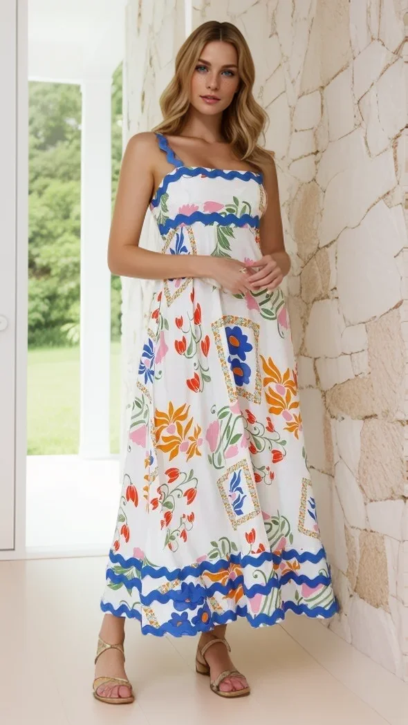 Holiday Digital Printed Long Women Fashion Summer Elegant A- Line Vintage Sling Maxi Dress - Image 4