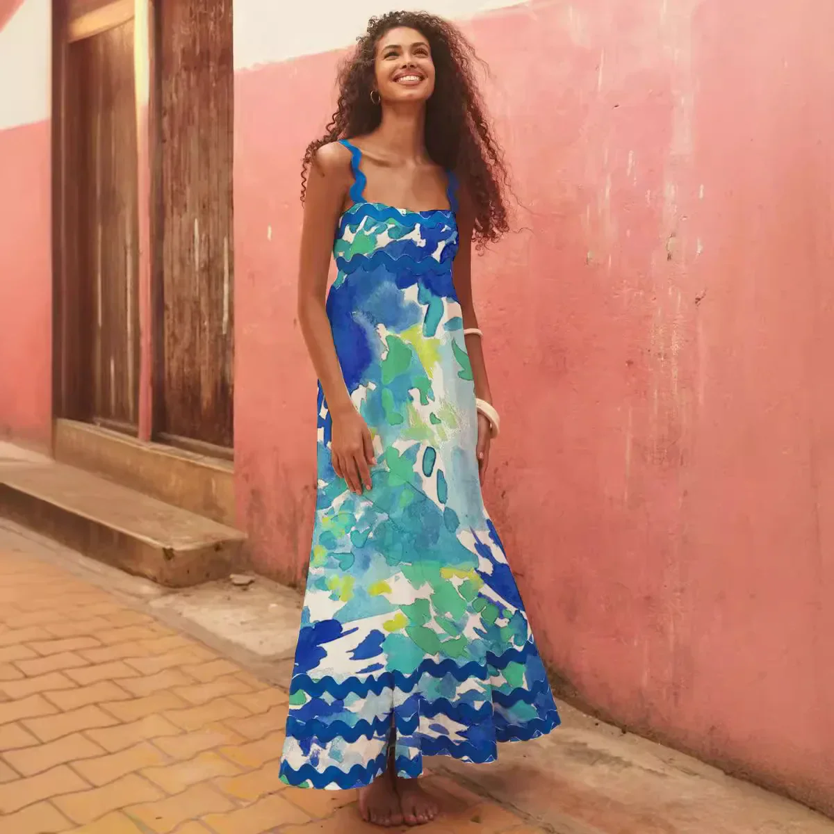 Holiday Digital Printed Long Women Fashion Summer Elegant A- Line Vintage Sling Maxi Dress - Image 8