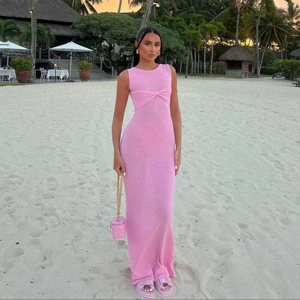 New Fashion Sexy Sleeveless Knitted O Neck Long Women Holiday Slim Fit Knit Beach Summer Maxi Dress - Image 2