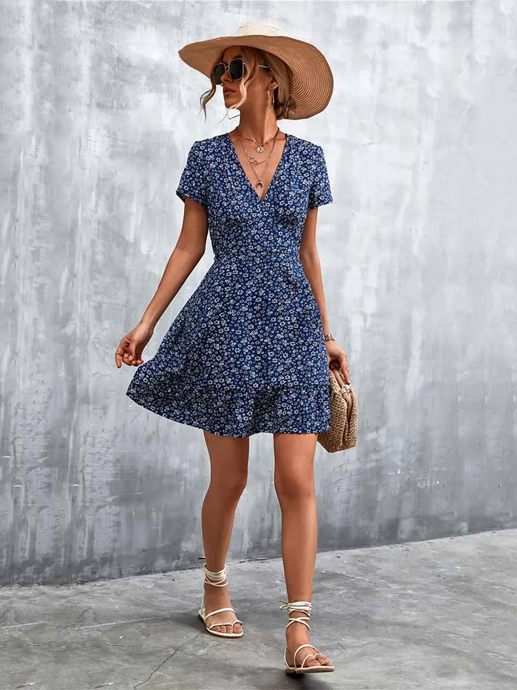 Summer Short Boho V Neck Floral Party Bohemian Flower Mini A-Line Dress - Image 16