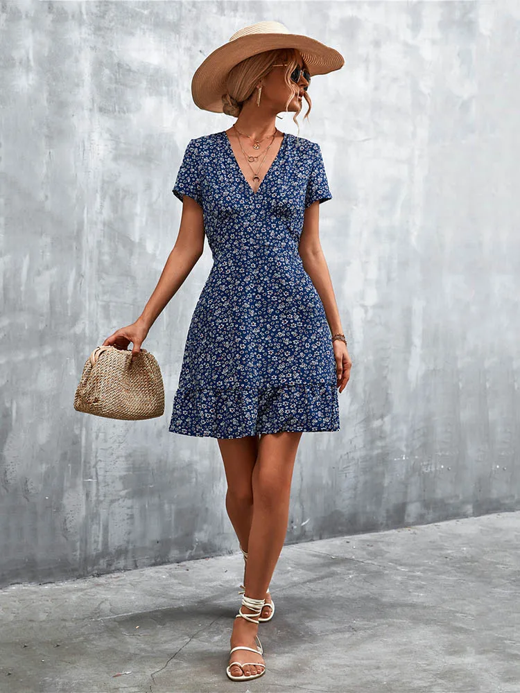 Summer Short Boho V Neck Floral Party Bohemian Flower Mini A-Line Dress - Image 23