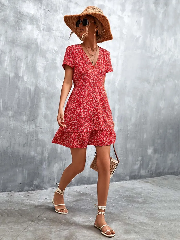 Summer Short Boho V Neck Floral Party Bohemian Flower Mini A-Line Dress - Image 26