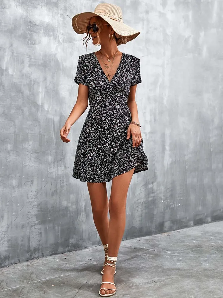 Summer Short Boho V Neck Floral Party Bohemian Flower Mini A-Line Dress - Image 27