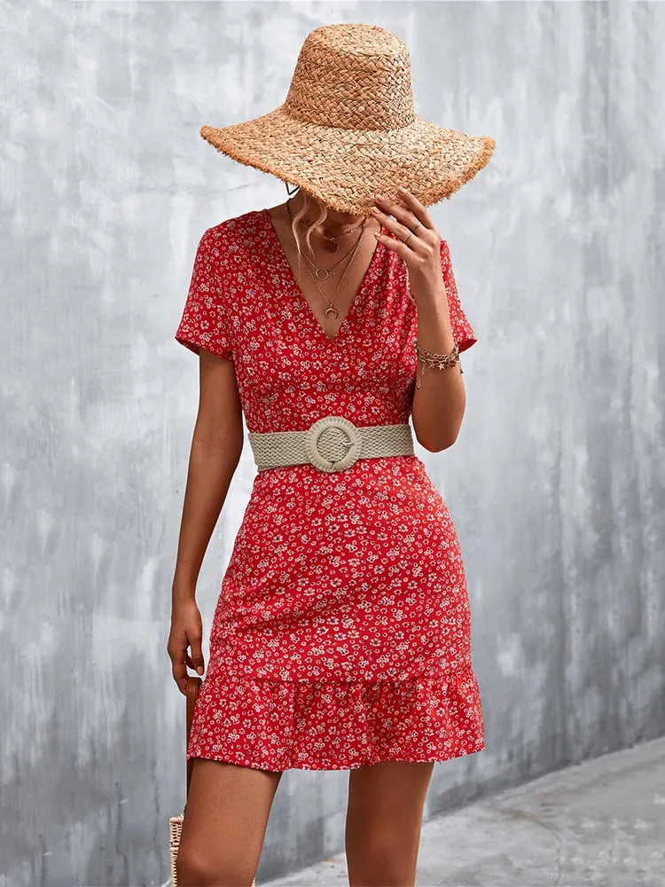 Summer Short Boho V Neck Floral Party Bohemian Flower Mini A-Line Dress - Image 3