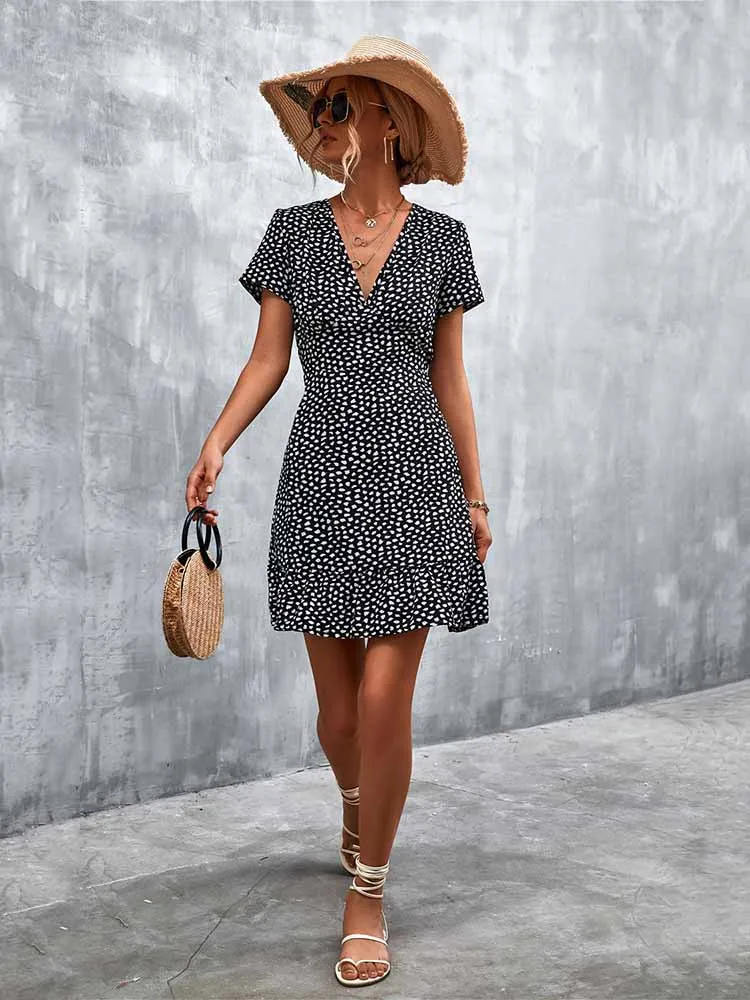Summer Short Boho V Neck Floral Party Bohemian Flower Mini A-Line Dress - Image 8