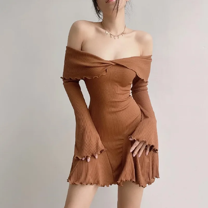 Sexy Black Autumn Strapless Off Shoulder Knitting Mini Club Party A-Line Dress - Image 8