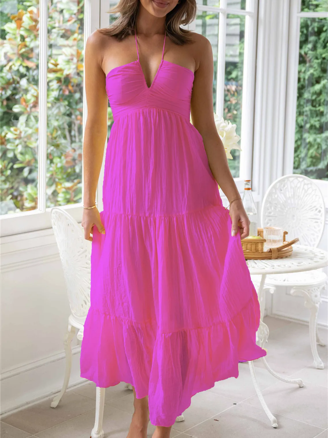 Women Solid Tie-Up Halter Neck Backless Casual Beach A-Line Dress - Image 12