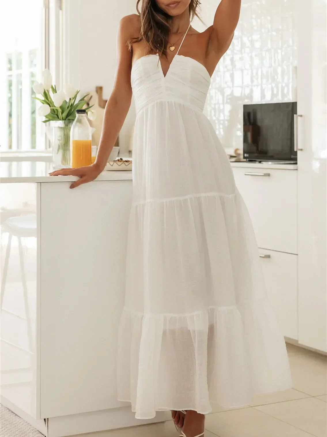 Women Solid Tie-Up Halter Neck Backless Casual Beach A-Line Dress - Image 27