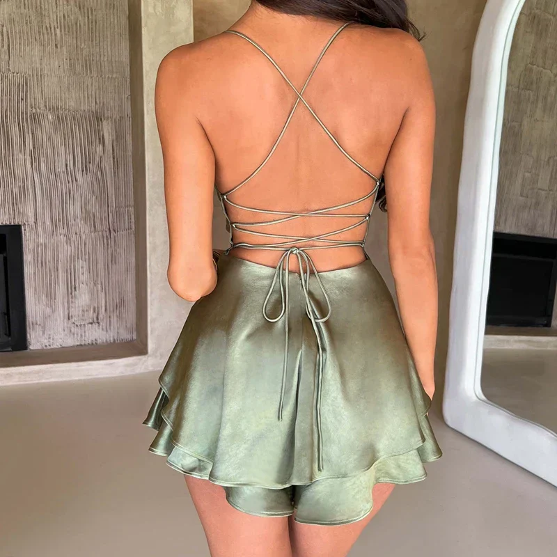 Women Satin Spaghetti Strap Lace-up Sexy A-Line Dress - Image 2