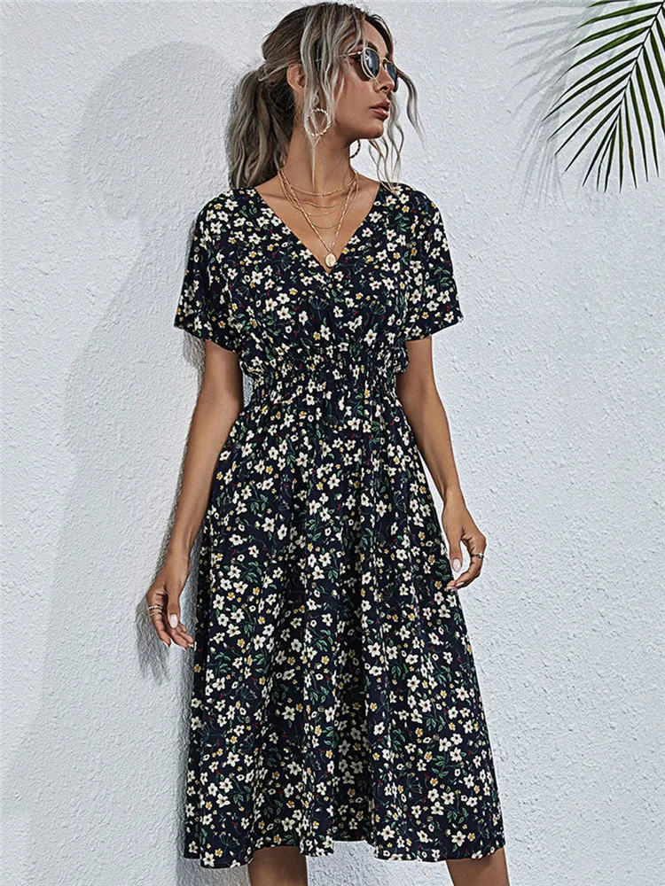 Floral Chic Short Sleeve Women's Fashionable Long Midi Dress - Image 3