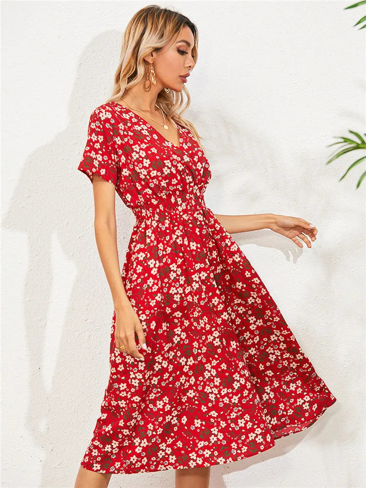 Floral Chic Short Sleeve Women's Fashionable Long Midi Dress - Image 4