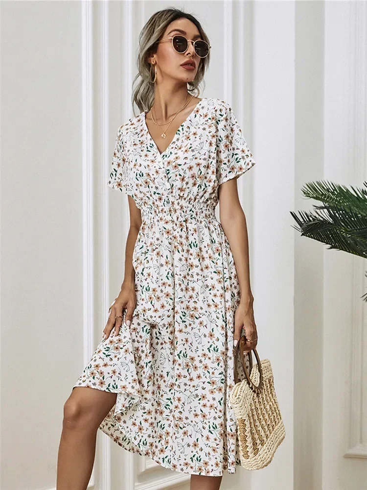 Floral Chic Short Sleeve Women's Fashionable Long Midi Dress - Image 7