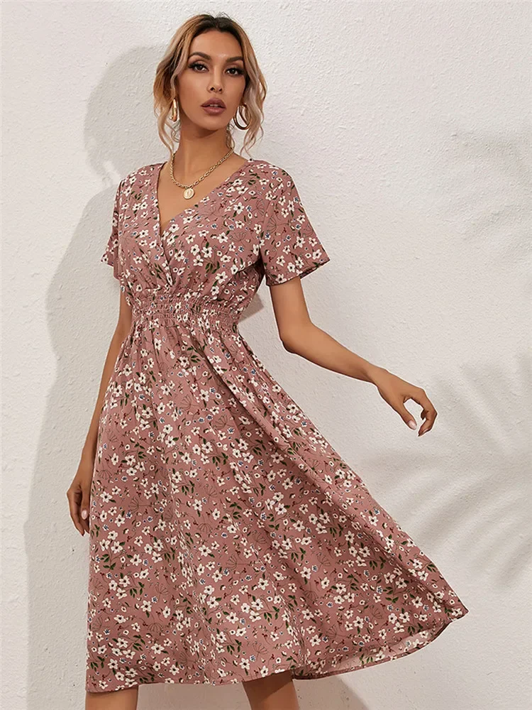 Floral Chic Short Sleeve Women's Fashionable Long Midi Dress - Image 8