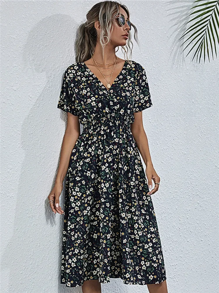 Floral Chic Short Sleeve Women's Fashionable Long Midi Dress - Image 9