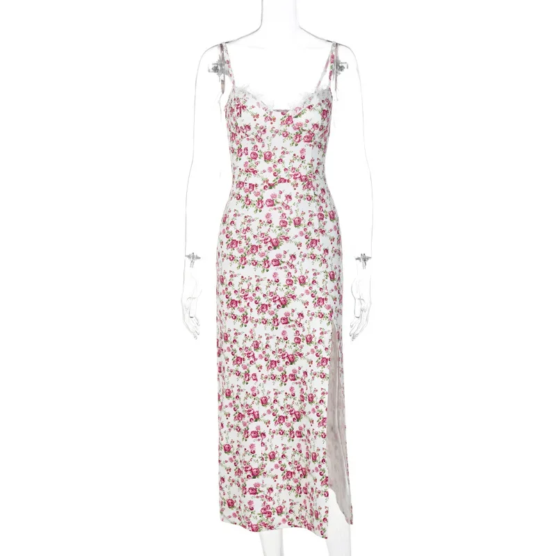 Vintage Boho Split Thigh Sleeveless Floral Print A-Line Beach Midi Dress - Image 6